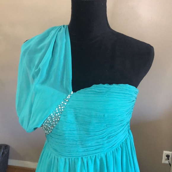 Teal one strap pearl studded high low gown - Picture 2 of 8